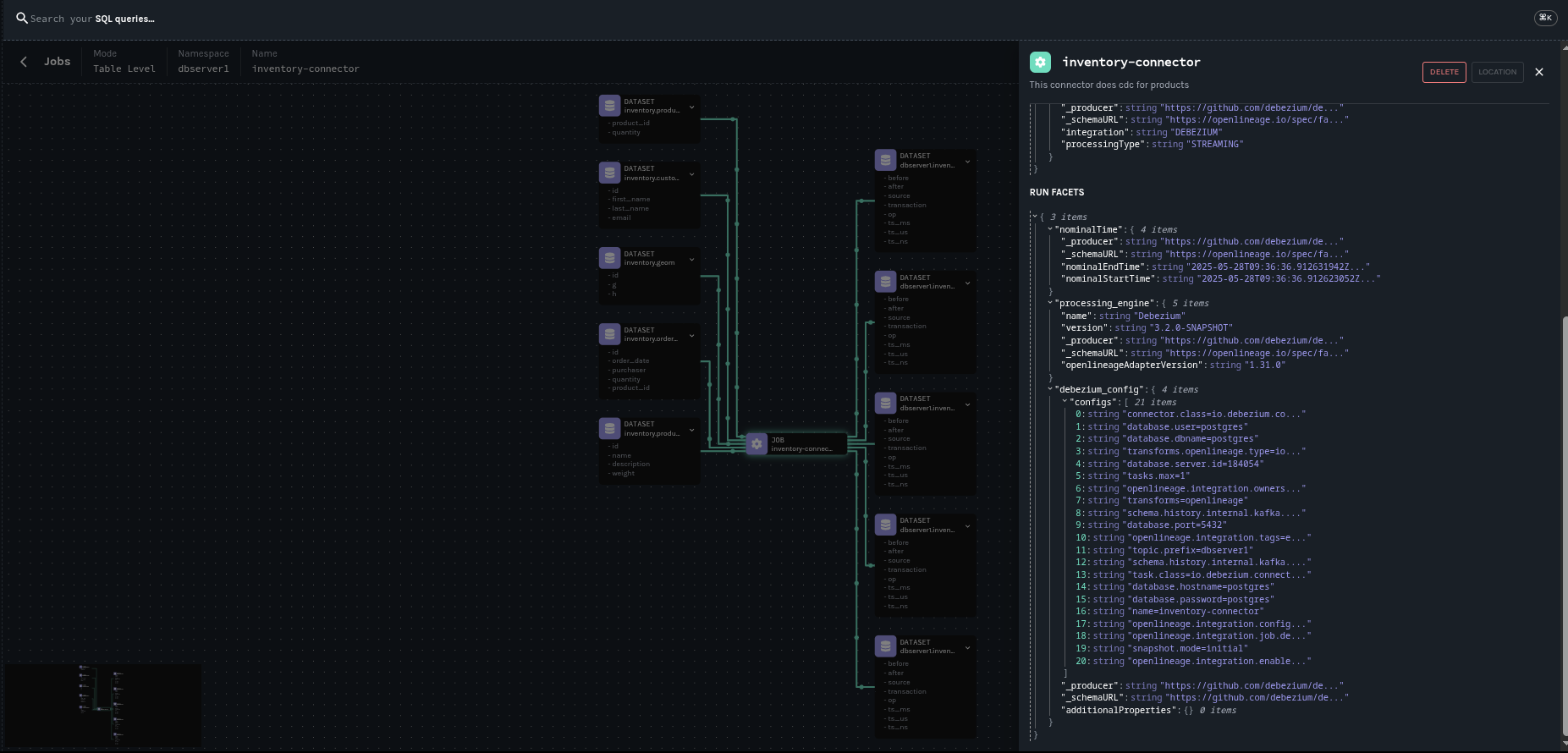 Job detail with custom debezium facet