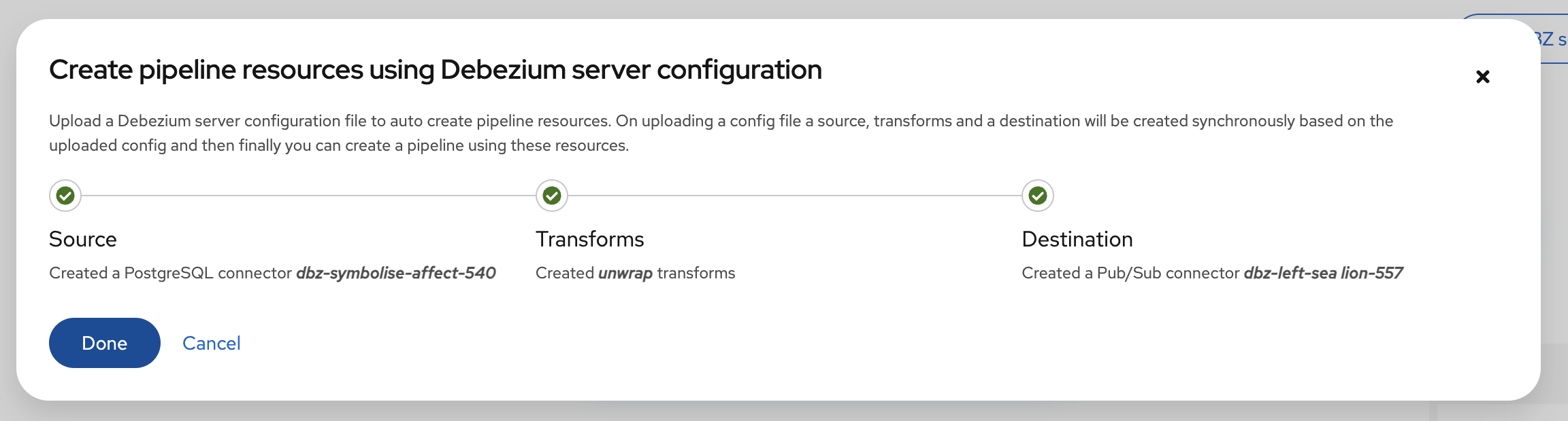 Debezium platform pipeline server modal