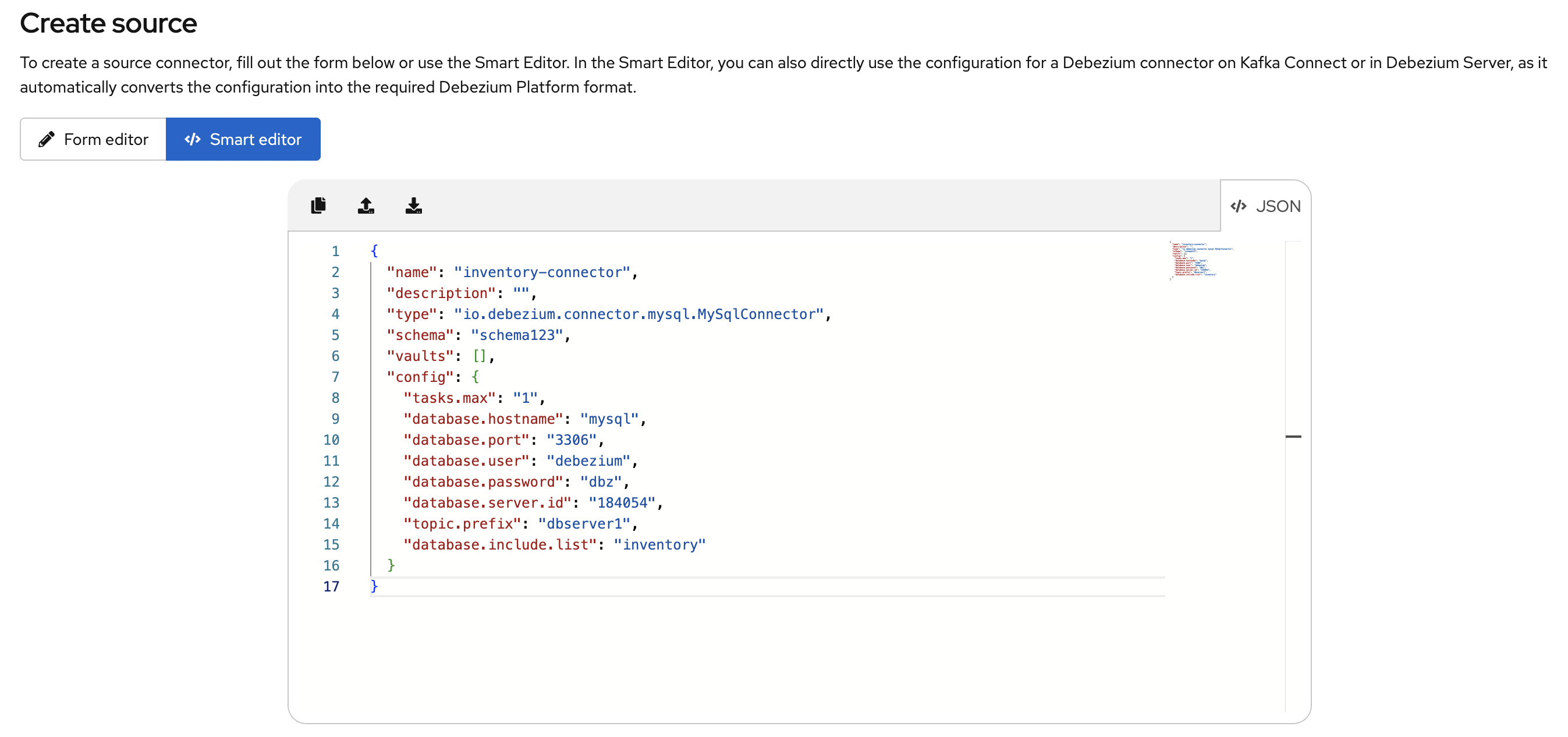 Debezium platform smart editor - source