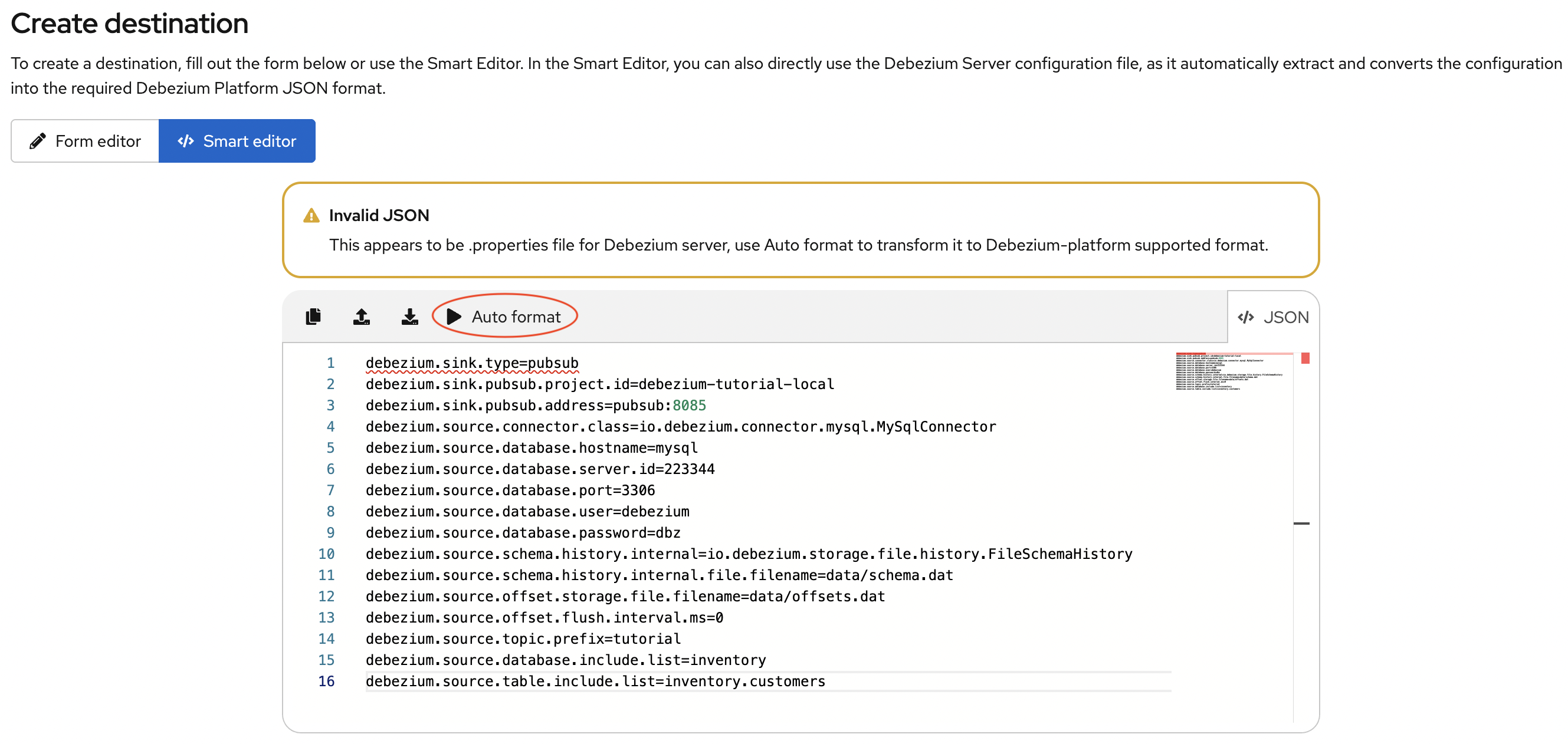 Debezium UI smart editor - Server